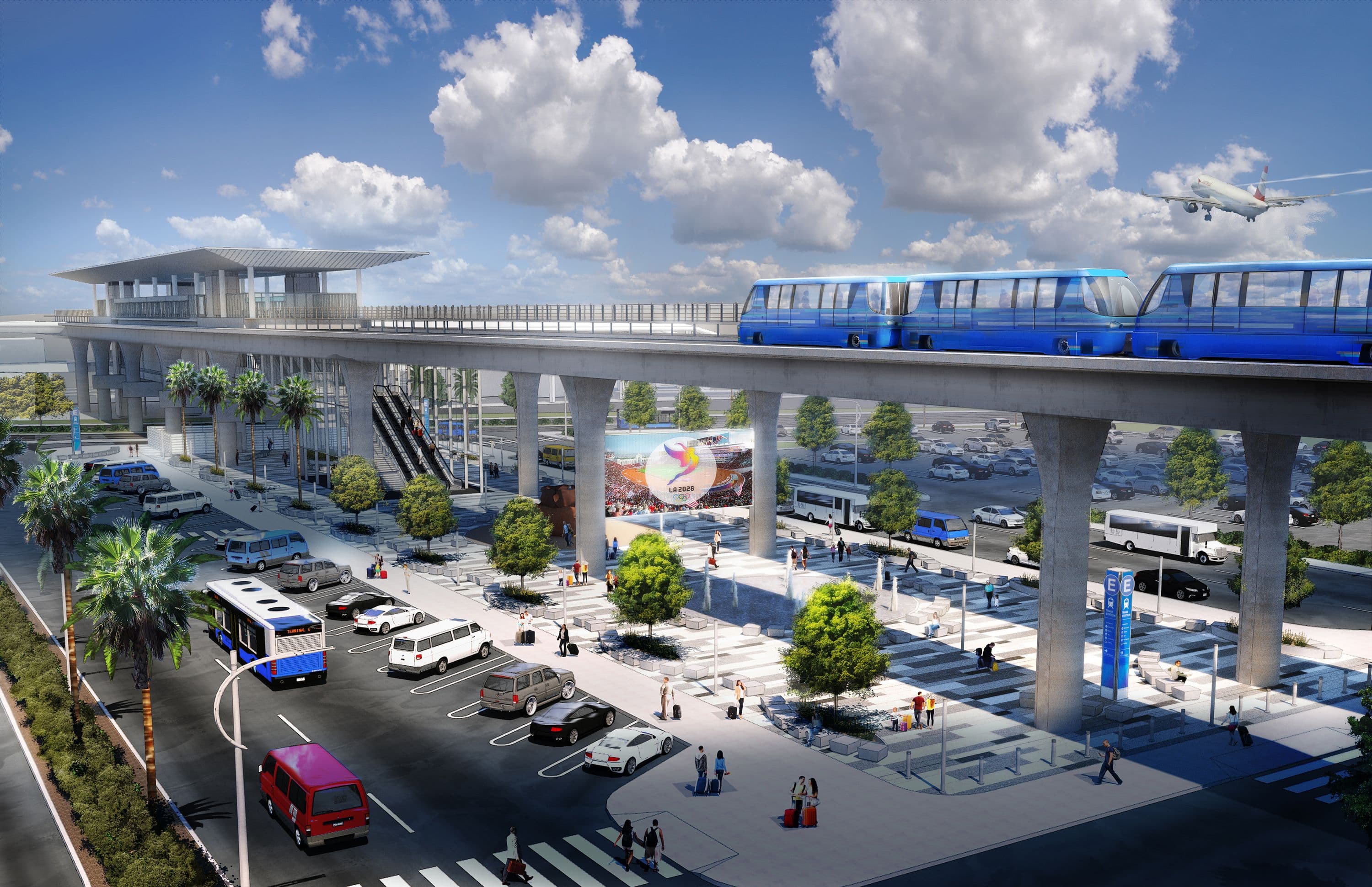 An LAX APM train departs from the Intermodal Transportation Facility East station.