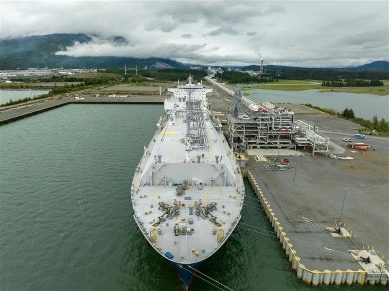 The LNG tanker Gaslog Glasgow docked in Kitimat, British Columbia, Canada, destined for Asia to deliver the first cargo shipment from the newly-constructed LNG Canada facility.